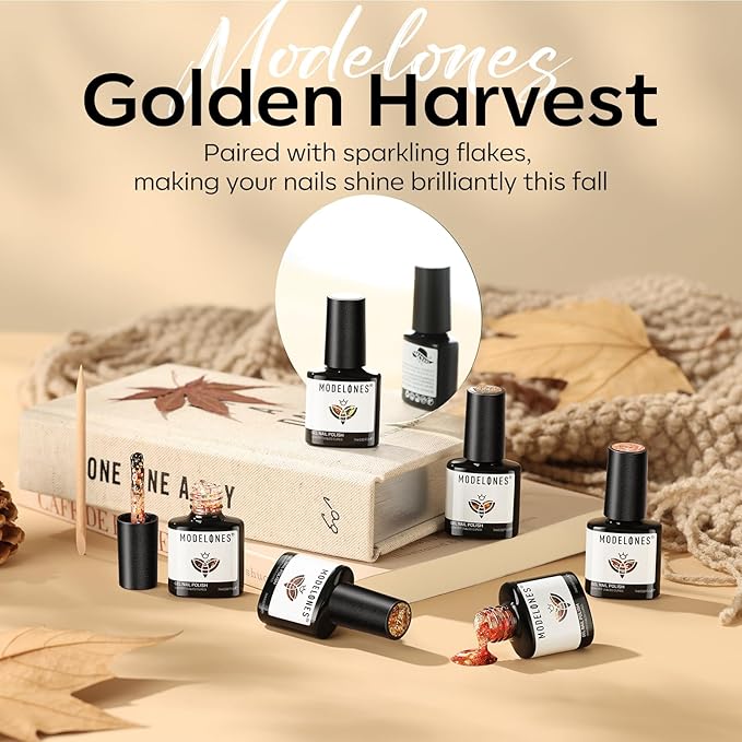 modelones Glitter Gel Nail Polish Set, 6 Colors Fall Geometric Shapes Star Gold Glitter Ornament Gel Polish Collection with Wooden Stick All Seasons Soak Off LED Manicure DIY Gift