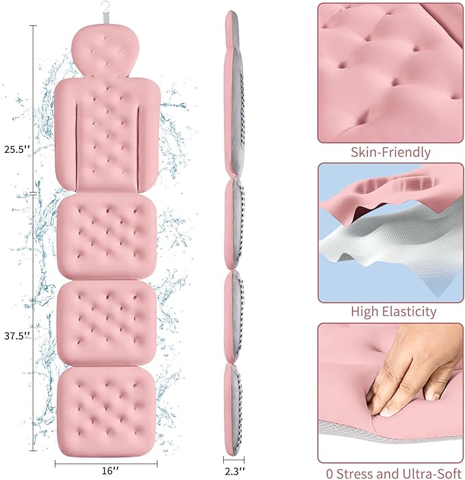 Luxury Bath Cushion, Full Body Bathtub Pillow with 160 Suction Cups, Bath Mat for Head and Neck Support, with Laundry Bag (Light Pink, 60.2" x 16.2")