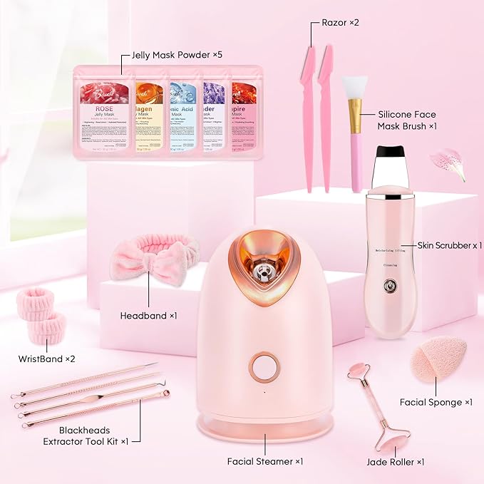 Facial Steamer Spa Kit, Skin Scrubber, Nano Ionic Face Steamer for Deep Cleaning Unclogs Pores, Warm Mist Humidifier Steamer for Face Home Sauna SPA