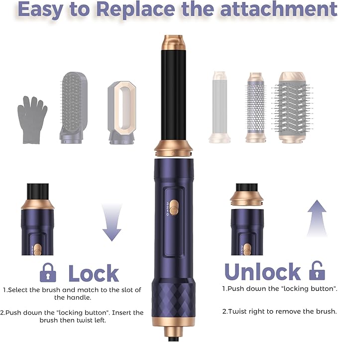 6 in 1 Air Styler Magic Hair Dryer Brush, Negative Ionic Blow Dryer Brush & 3 Heat Settings, Detachable Auto Curling & Straightening Volumizing, Frizz-Free Styling, Salon to Home Use (Blue)