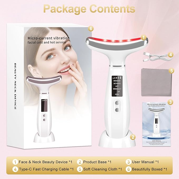 Neck Face Massager, 4 Color LED Facial Massager with Micro-Current Vibration Facial Cold and Hot Service for Wrinkles, Double Chin, Multifunctional Facial Light Therapy Device for Skin Care at Home