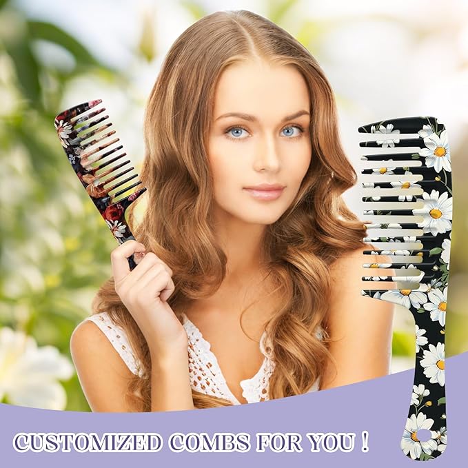 2PCS Wide Tooth Comb,Effortless Tangle Removal for Long Hair Styling Comb for Curly,Wet,Cute Aesthetic Design for Women Men and Girls(Black-Flowers-13)