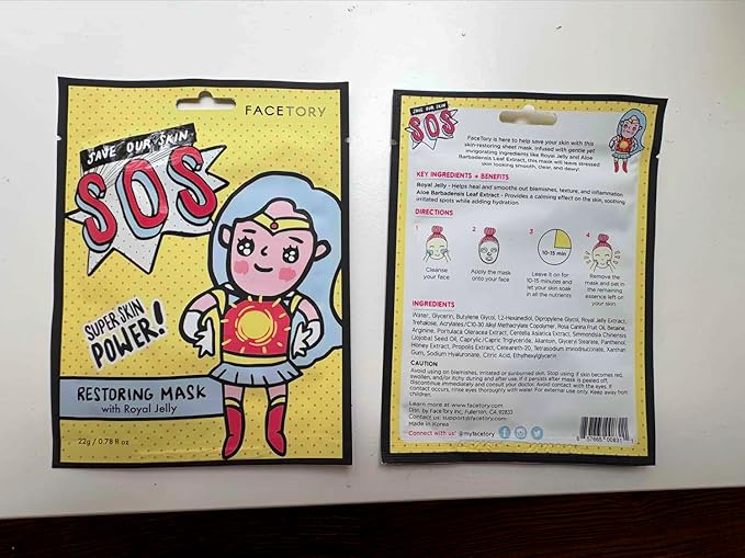 FACETORY K Beauty Face Mask Skin Care - SOS SAVE OUR SKIN RESTORING Sheet Mask with Royal Jelly & Aloe | De-Stress, Dewy Skin (10 Pack)