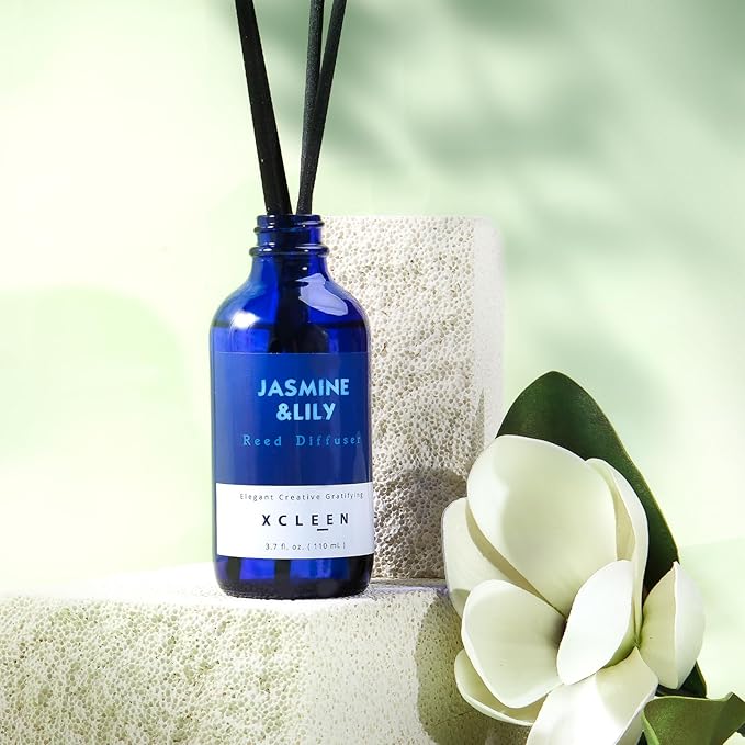 Reed Diffuser Set- Jasmine & Lily Scented Diffuser with 6 Rattan Sticks, Long Lasting Reed Diffusers for Home Bathroom Shelf Decor-3.7oz