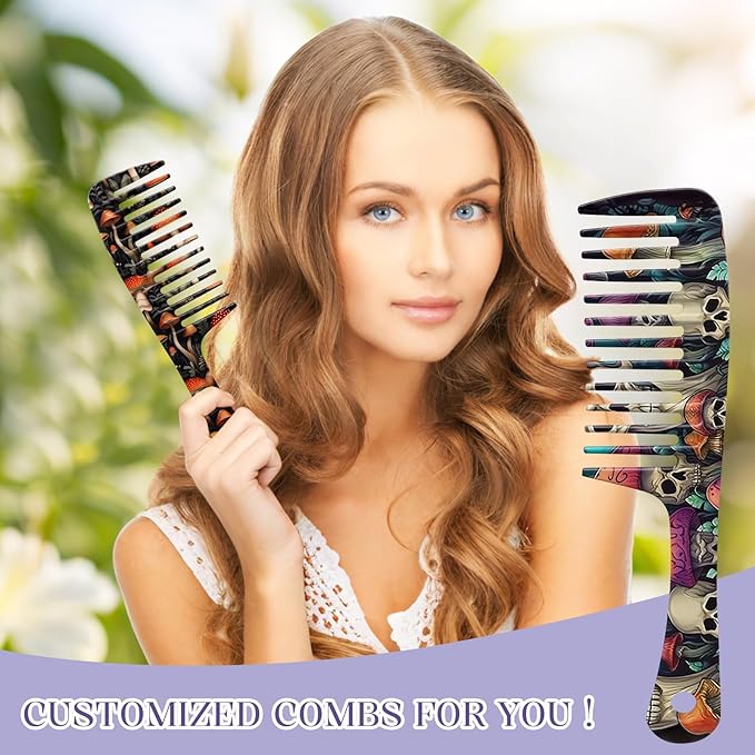 2PCS Wide Tooth Comb,Effortless Tangle Removal for Long Hair Styling Comb for Curly,Wet,Cute Aesthetic Design for Women Men and Girls(Black-Mushroom-19)