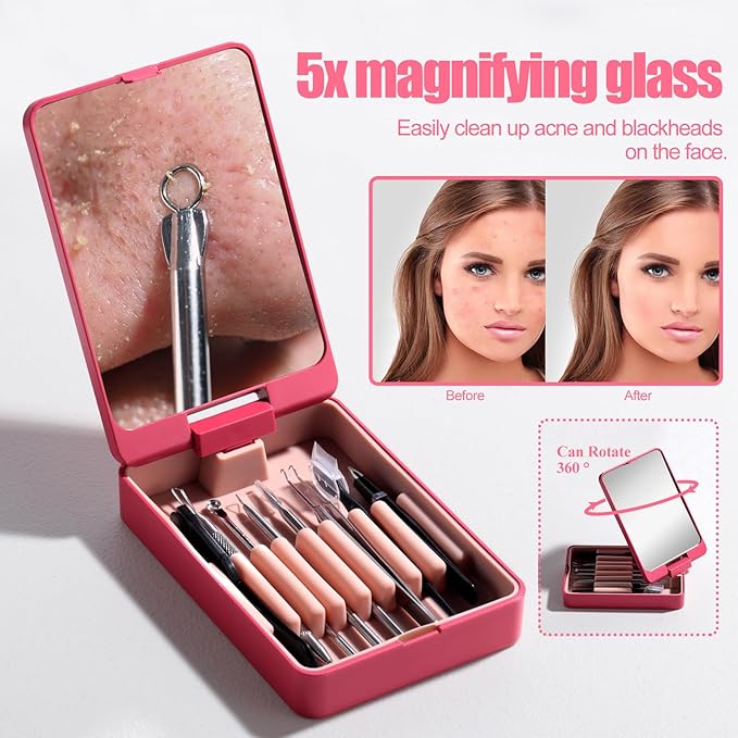JPNK Blackhead Remover Tool Comedones Extractor Acne Removal kit & Eyebrow Trimmer Kit, 8PCS in One with 5X Magnifying Mirror