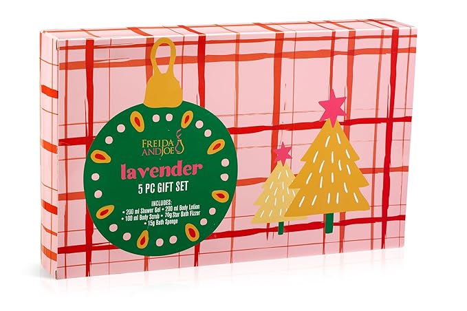 Freida & Joe Fragrance Bath & Body Collection Gift Box, Includes Shower Gel, Body Lotion, Body Scrub, Bath Bomb & Sponge (Lavender - Pink)