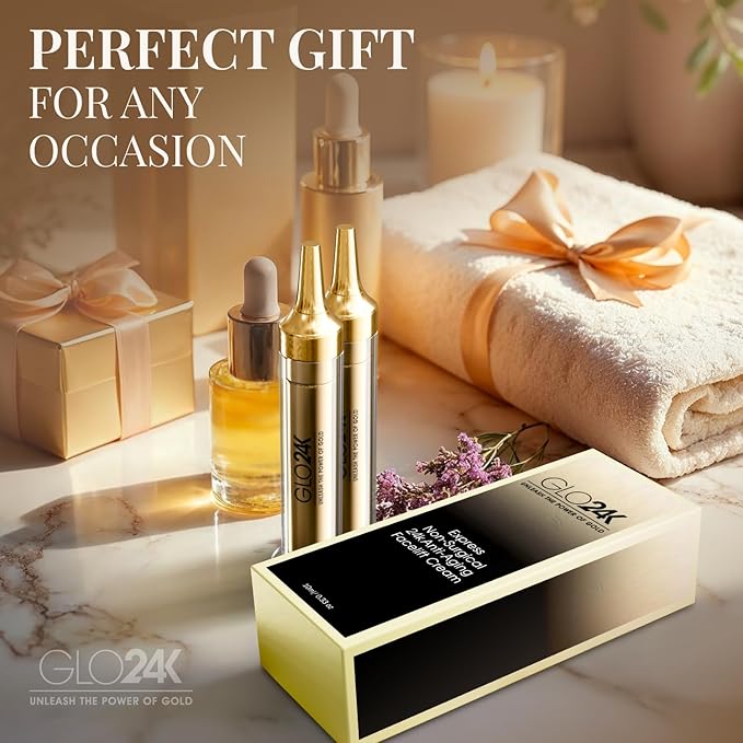 GLO24K Instant Facelift Cream with 24k Gold, Hyaluronic Acid, Peptides, and Vitamins. Value Pack of 2. A powerful non-invasive alternative to injections.