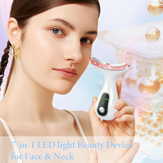Facial Massager 7 Color Face Lift Device for Face and Neck Massage with 113°F & Vibration & Clean 3-in-1 Multifunctional Wand for Skin Care (White)