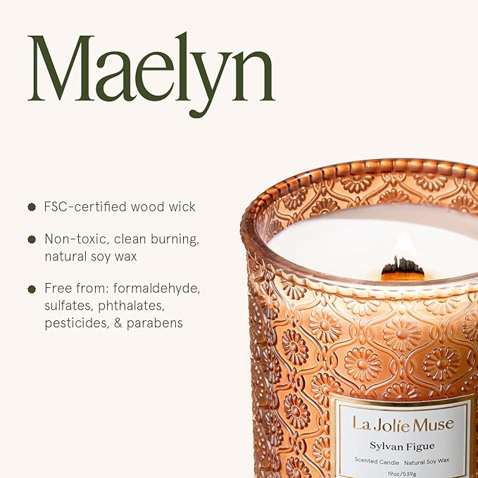 LA JOLIE MUSE Sylvan Figue Candle | Fig Leaf, Red Berries, Sandalwood | 19 oz Large Wooden Wick Candle | Natural Soy Wax | 90 Hours Clean Burn | Gift-Ready for Hosts | Elegant Home Décor