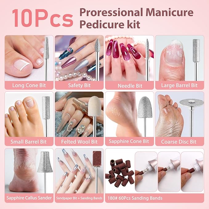 Electric Nail Drill Kit Cordless Professional Manicure Pedicure Nail File Buffer for Acrylic Nails Gel Polishing Removing Manicure Salon Home with Nail Drill Bits Sanding Bands