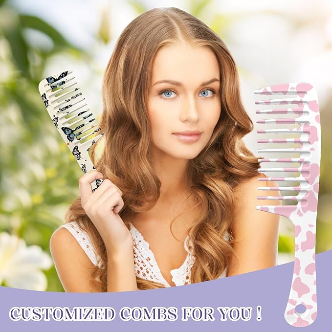 2PCS Wide Tooth Comb,Effortless Tangle Removal for Long Hair Styling Comb for Curly,Wet,Cute Aesthetic Design for Women Men and Girls(Pink-Cow Butterfly-04)