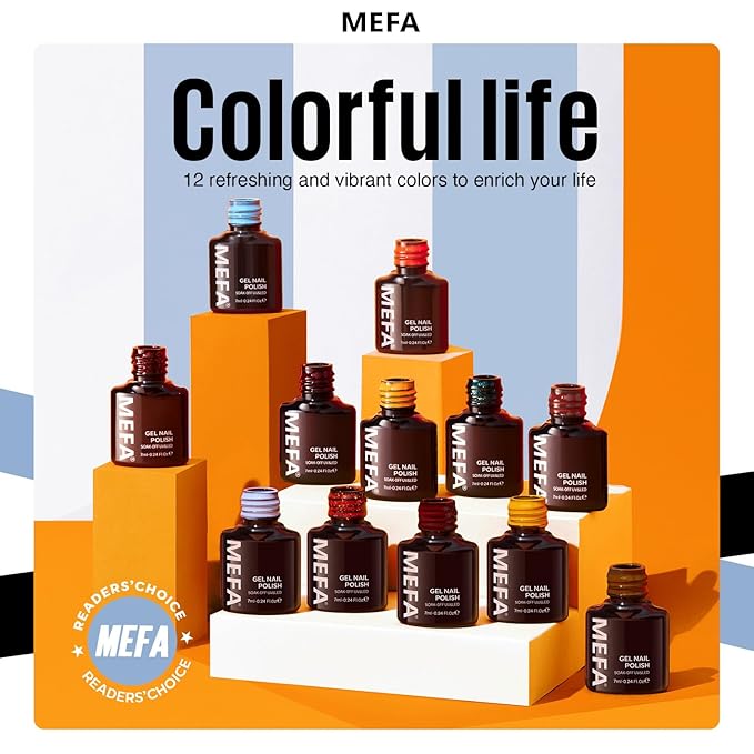 MEFA Fall Gel Nail Polish Set, 12 Colors Orange Burgundy Red Gel Polish Set Flash Dark Red Glitter Nail Polish Shimmer Nude Brown Blue Yellow Nail Gifts for Women Girl DIY Salon Home Spring Summer