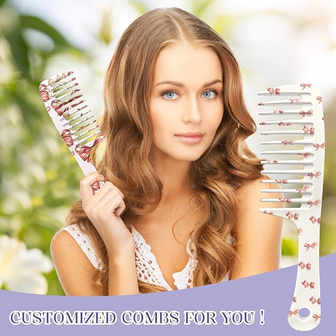 2PCS Wide Tooth Comb,Effortless Tangle Removal for Long Hair Styling Comb for Curly,Wet,Cute Aesthetic Design for Women Men and Girls(Pink-Bow-03)