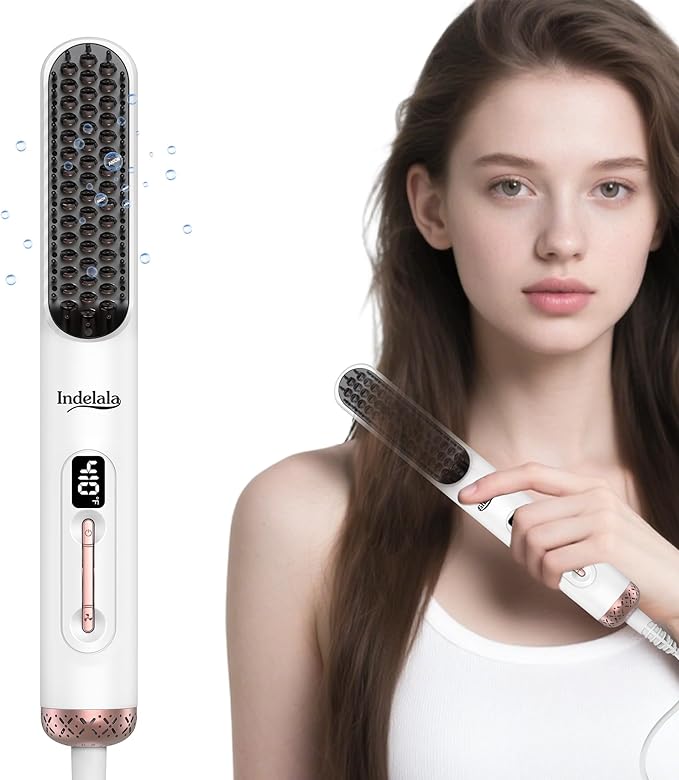 Hair Straightener Brush, Ionic Straightening Comb for Women, Anti-Frizz, 10 Temp Settings, Fast Heating, Dual Voltage, Professional Styling Tools