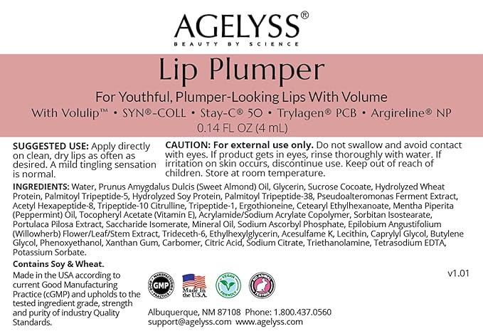 Agelyss Lip Plumper - Deep Hydration - Lip Volume, Collagen Boost, Plumping - Paraben-Free, Cruelty-Free, Vegan - .14 FL OZ - Pack of 1