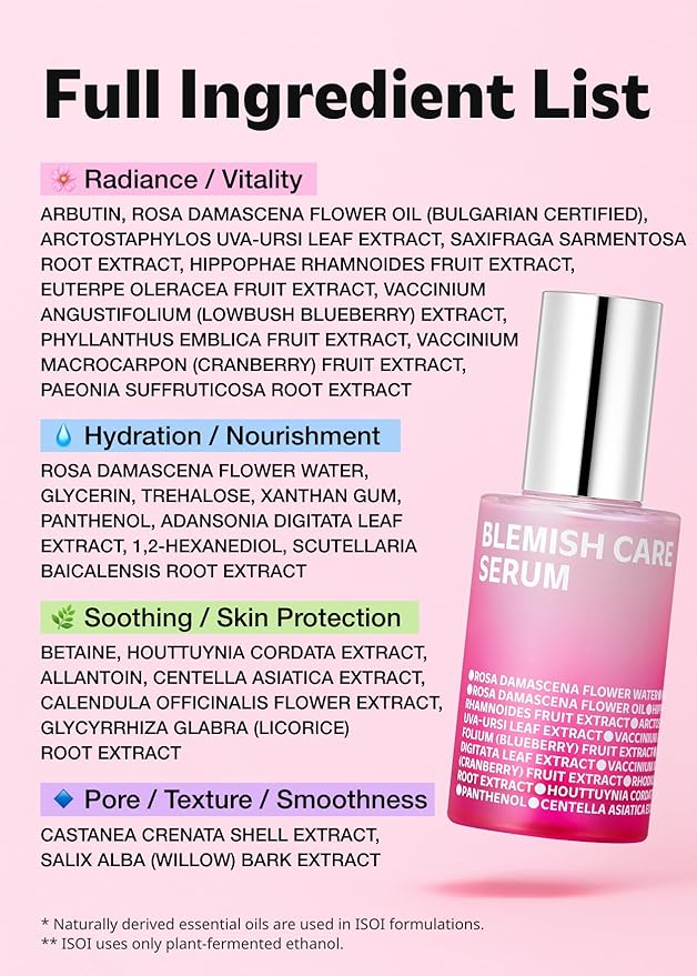 ISOI Blemish Care Up Serum for Face, Vegan Hydrating Serum for Smooth & Glass Skin Effect, Skin Barrier & Moisture Balance for Women, Arbutin & Rose Otto Oil, Korean Skin Care (1.18 fl. oz, 35ml)