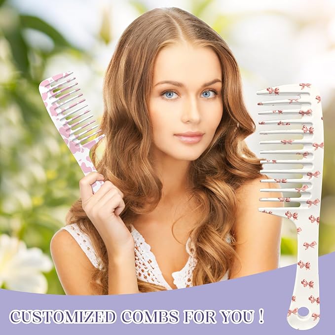 2PCS Wide Tooth Comb,Effortless Tangle Removal for Long Hair Styling Comb for Curly,Wet,Cute Aesthetic Design for Women Men and Girls(Pink-Cow Bow-02)