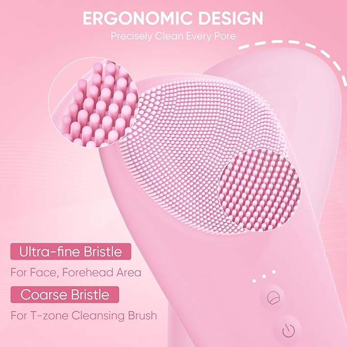 Silicone Face Scrubber Blackhead Scraper Rechargeable 2-in-1 Facial Cleansing Brush & Skin Spatula Duo, IPX7 Waterproof Exfoliating Massager Deep Cleansing for Women and Men(Light Pink)