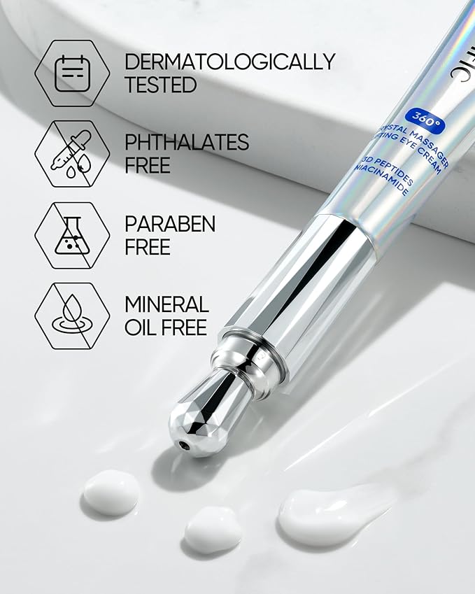 360° Crystal Massager Lifting Eye Cream, Reduces Puffiness, Nourishes Eye Area with 3D Peptides, Niacinamide & Caffeine