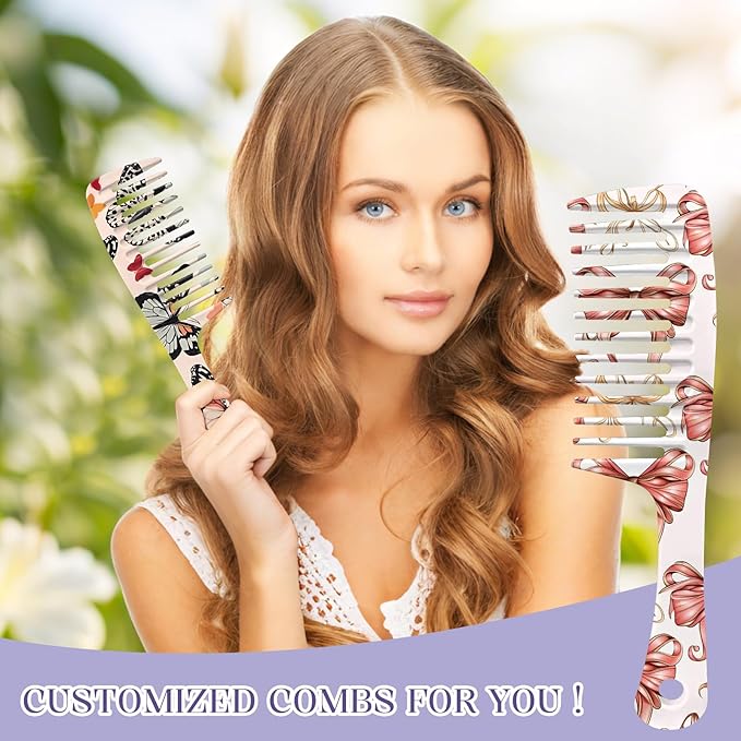 2PCS Wide Tooth Comb,Effortless Tangle Removal for Long Hair Styling Comb for Curly,Wet,Cute Aesthetic Design for Women Men and Girls(Pink-Bow Butterfly-06)