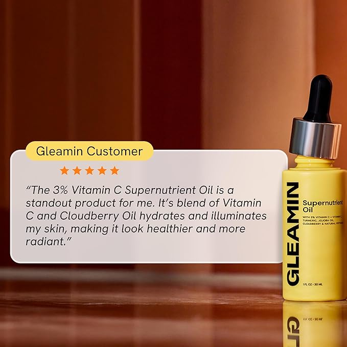 Gleamin Brightening Face Oil with Vitamin C & E, Turmeric, Jojoba & Cloudberry | Hydrating Facial Oil for Radiant Glow, Dark Spots, Fine Lines & Uneven Tone | Skin Brightening for Women & Men, 1 Fl Oz