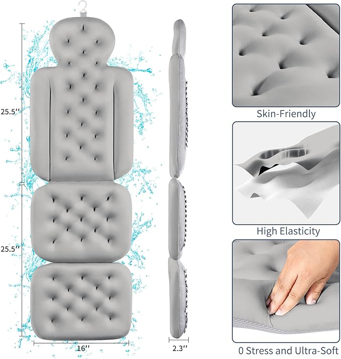 Bath Cushion, Full Body Bathtub Pillow with 160 Suction Cups, Bath Mat for Head and Neck Support, with Laundry Bag (Dark Gray, 56.2" x 16.2")