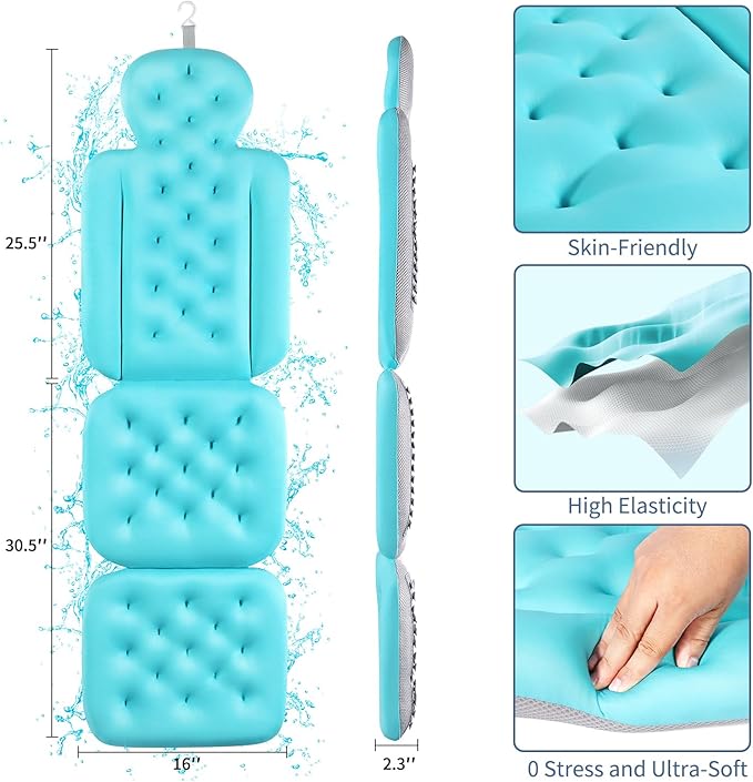 Luxury Bath Cushion, Full Body Bathtub Pillow with 160 Suction Cups, Bath Mat for Head and Neck Support, with Laundry Bag (Blue, 56.2" x 16.2")