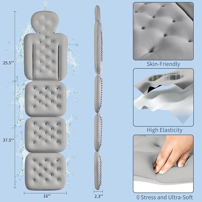 Bath Cushion, Full Body Bathtub Pillow with 160 Suction Cups, Bath Mat for Head and Neck Support, with Laundry Bag (Dark Gray, 60.2" x 16.2")
