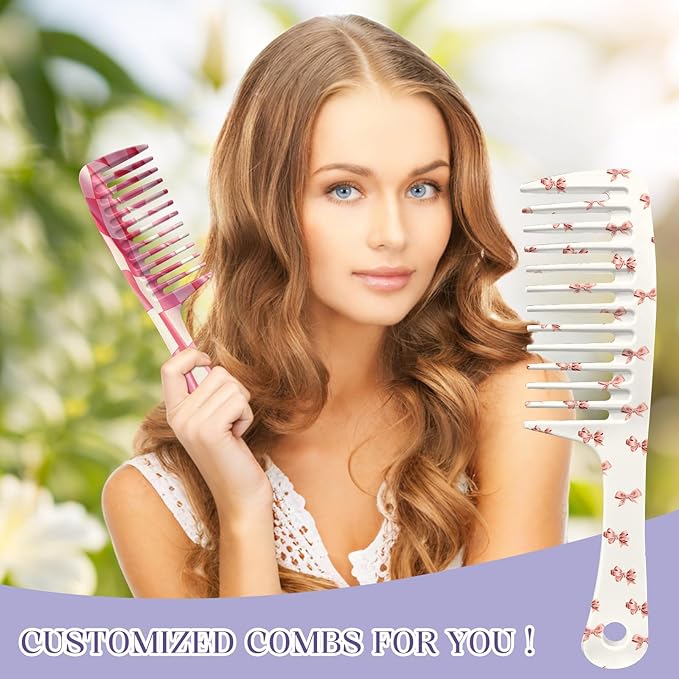 2PCS Wide Tooth Comb,Effortless Tangle Removal for Long Hair Styling Comb for Curly,Wet,Cute Aesthetic Design for Women Men and Girls(Pink-Grid-16)