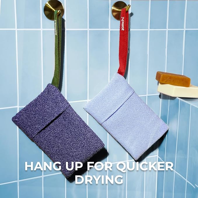 ZOMCHI 2 Pieces Soap Bags for Soap Bars with Different Roughness, Exfoliating Soap Saver Bags, Soap Pouch for Body Wash (Blue)