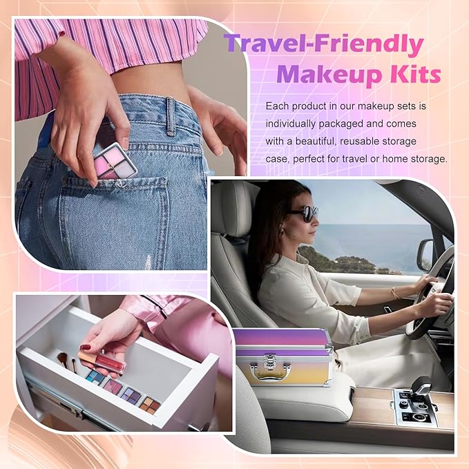 Color Nymph Girls Makeup Kit for Teen | Full Starter Cosmetics Makeup Set With Train Case | Included 32 Colors Eyeshadow, Bronzer, Contour Powder, Blush, Highlighter, Lip Gloss (Pink)