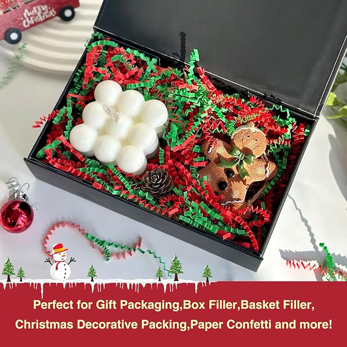 Corlcol 200g(7oz) Crinkle Paper Filler for Gift Baskets Box Confetti Paper Shreds Decoration Stuffing on Christmas (Red&Green)