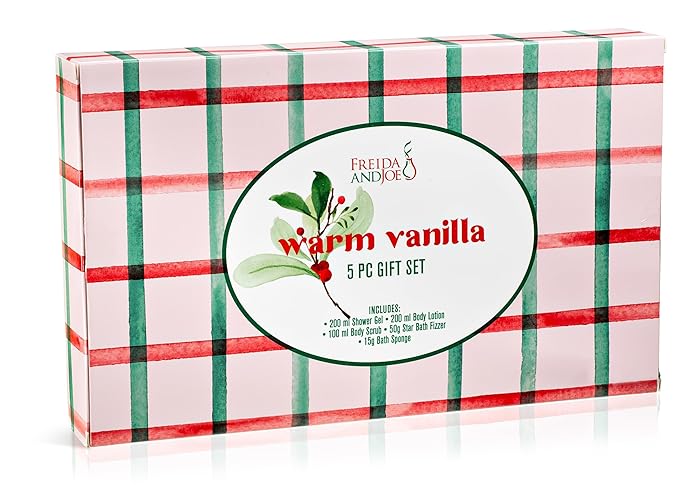 Freida & Joe Fragrance Bath & Body Collection Gift Box, Includes Shower Gel, Body Lotion, Body Scrub, Bath Bomb & Sponge (Warm Vanilla - Pink)