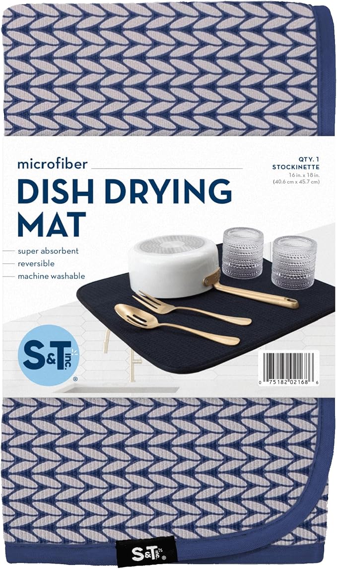 S&T INC. Dish Drying Mat, 16” x 18”, Absorbent Microfiber Kitchen Counter Mat, Dish Drying Pad for Dishes, Utensils, Pots and Pans, Large, Blue Stockinette