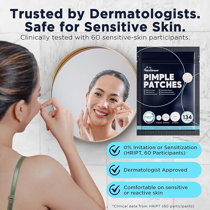Pimple Patches for Face - 134 Count Hydrocolloid Acne Patches - Zit, Blemish, Cystic Acne Dots & Dark Spot Treatment - Invisible Clear Pimple Patch Stickers for Forehead, Chin, Nose, 3 Sizes (S, M, L)