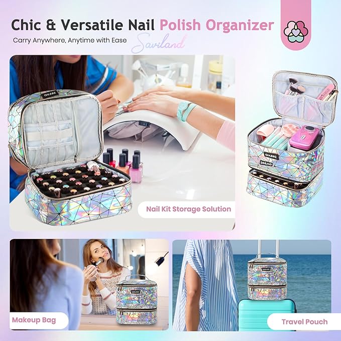 SAVILAND Nail Polish Organizer Bag: PU Leather Nail Kit Organizer Holds 30 Bottles & Nail Lamp, Holographic Nail Supply Organizer Nail Polish Holder Case Nail Organizers and Storage Box for Nail Tech