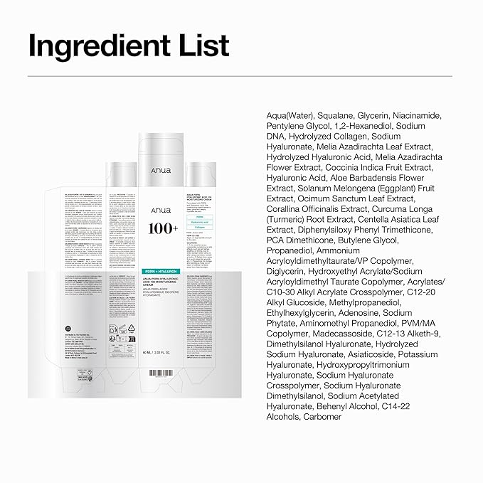 ANUA PDRN Hyaluronic Acid 100 Moisturizing Cream, Lightweight Hydrating Moisturizer with Salmon DNA, Hyaluronic Acid, Collagen For Glass Skin, Korean Skin Care (60ml / 2.02 fl. oz)