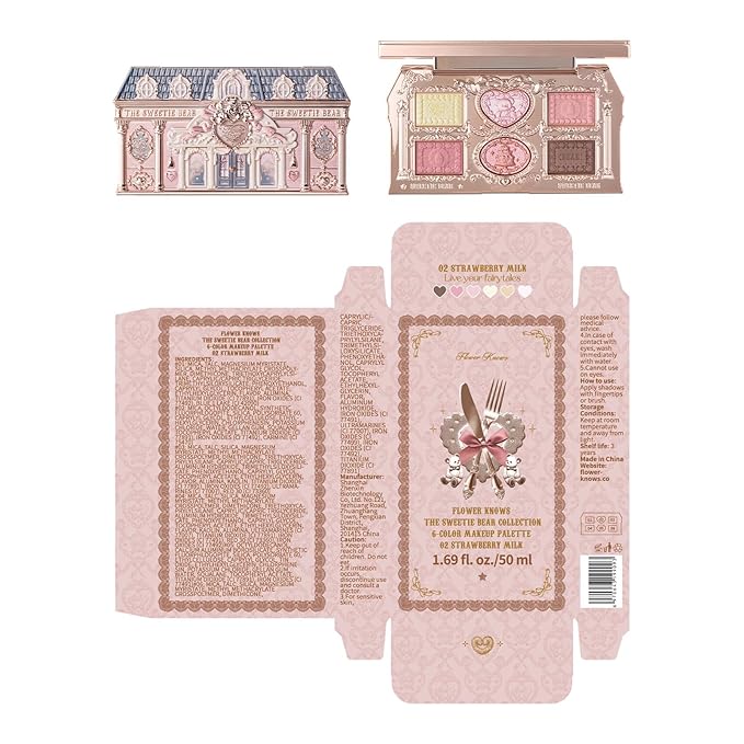 Flower Knows The Sweetie Bear Collection 6-Color Makeup Palette,Pink Eyeshadow with 4 Matte + 2 Shimmer Shades,Blendable Smooth Cute Eye Makeup,0.23 Oz(02 Strawberry Milk)