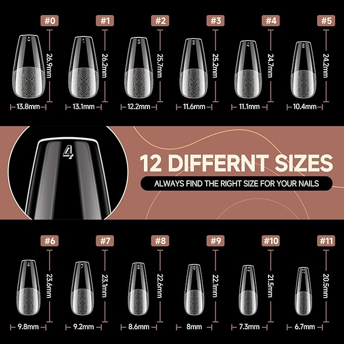 UNA GELLA Coffin Nails Tips, 216 PCS Soft Gel Nail Tips Coffin Half Matte Full Cover False Nails Pre-shaped Clear Acrylic Press on Nails Medium for Nail Extensions Home DIY Salon, 12 Sizes