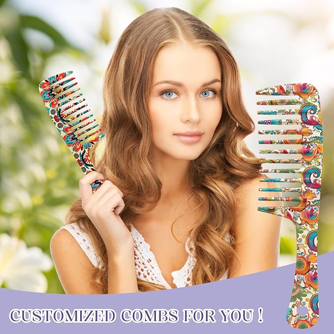 2PCS Wide Tooth Comb,Effortless Tangle Removal for Long Hair Styling Comb for Curly,Wet,Cute Aesthetic Design for Women Men and Girls(Orange-Bohemia-20)