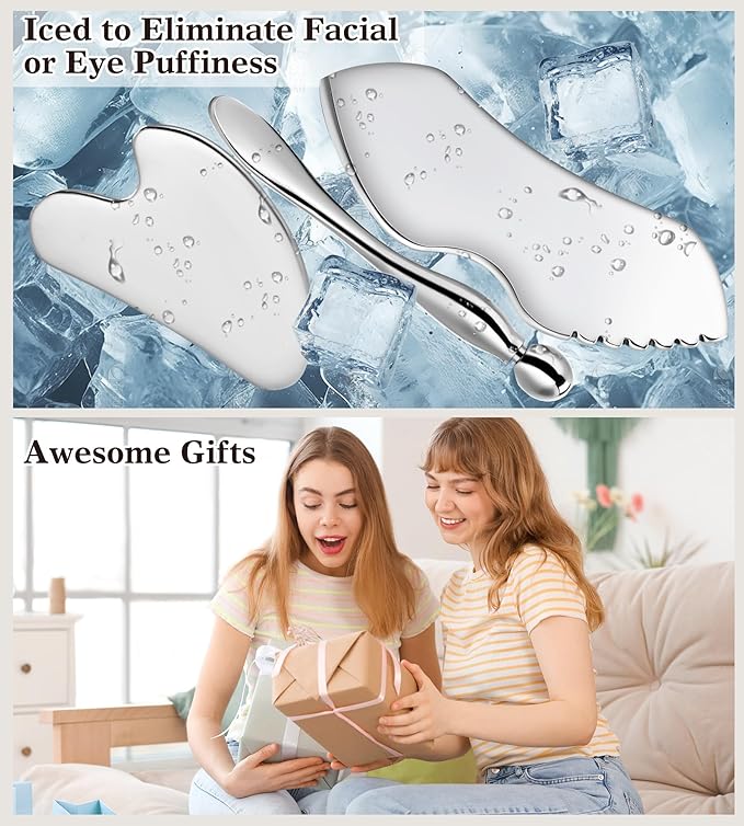 Gua Sha Facial Tools, 3 in 1 Stainless Steel Metal Guasha & Eye Cream Applicator Facial Sculpting Tool Set Eye Massager Lymphatic Drainage for Face Neck (Plastic Box 3, Count, 3)