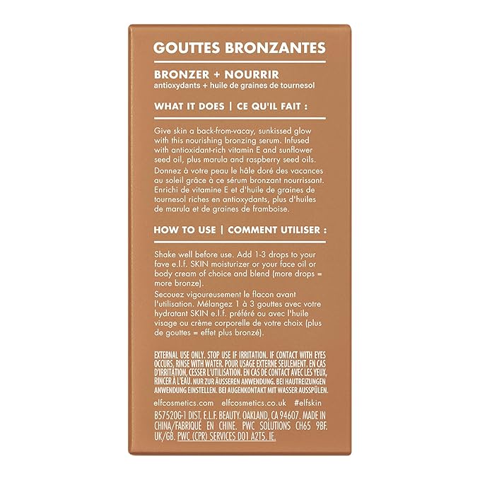 e.l.f. SKIN Bronzing Drops, Liquid Bronzer For Face & Skin, Creates A Sun-Kissed Glow, Infused With Vitamin E, Vegan & Cruelty-Free, Pure Gold