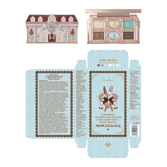 Flower Knows The Sweetie Bear Collection 6-Color Makeup Palette,Green Eyeshadow with 4 Matte + 2 Shimmer Shades,Blendable Smooth Cute Eye Makeup,0.23 Oz(03 Mint Chocolate)