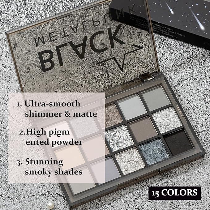 Black Smoky Eyeshadow Palette,Matte & Glitter Eye Shadow Palette for Smoky Goth Eye Makeup,Black White Gray Eyeshadow Makeup Palette,Longlasting Waterproofing Smoky Eyeshadow Palette with 3PCS Brushes