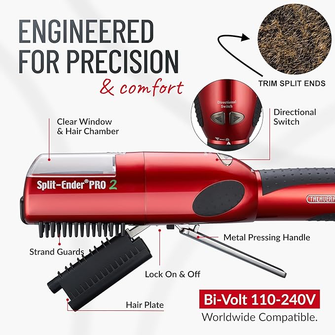 Split-Ender Pro 2 - Original Professional Beauty Tool - Cordless Split End Hair Trimmer for Damaged, Dry, Brittle, Frizzy, Curly or Straight Hair (Red)