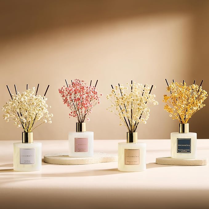 COCORRÍNA Reed Diffuser - Sweet Orange & Cedar 6.7 Fl.oz Reed Diffuser Set with Sticks & Preserved Baby's Breath, Reed Diffuser for Home Bathroom Shelf Decor