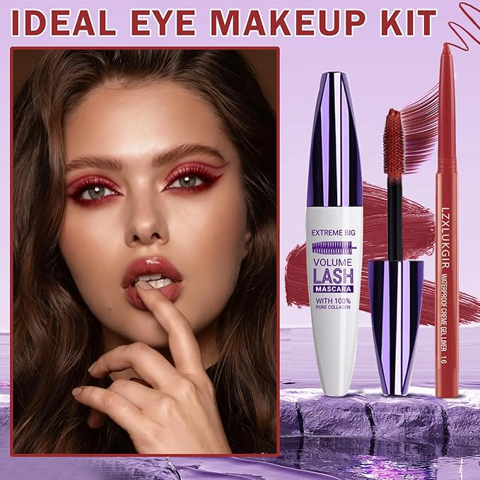 Burgundy Mascara and Eyeliner Set,Natural Curling Red Mascara for Eyelashes,Volumizing Lengthening máscara de pestañas Waterproof,5D Colored Eye Makeup