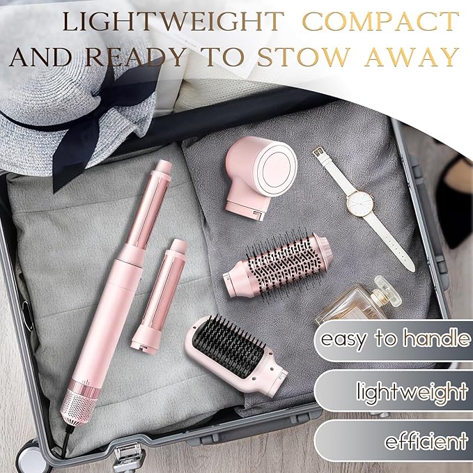 5 in 1 Air Wrap Hair Styler,Dual Voltage Professional Frizz Free Hair Dryer Brush - High-Speed Hot Air Styler, No Heat Damage Auto Wrap Hot Air Styler Wrap, Fast Drying, Curling, Straightening (Pink)