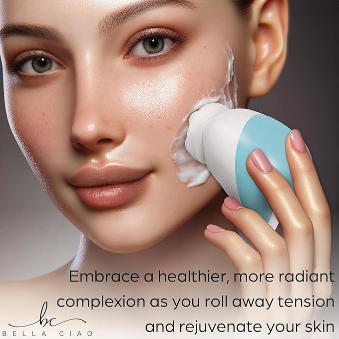 Bella Ciao 6-Piece Facial Cleansing and Exfoliating Set with Soft Facial Brush, Rolling Massager Head, Latex Sponge, Makeup Sponge, and Callus-Remover Disc, Batteries Not Included, Blue